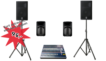 Kleine set met Yamaha actieve topkasten en Soundcraft 12 kanaals mixer en 2 monitors